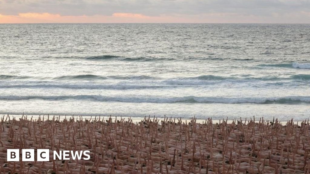 Naked volunteers pose for Tunick artwork on Bondi Beach