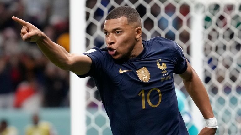 Kylian Mbappe celebrates after scoring France's third goal against Australia