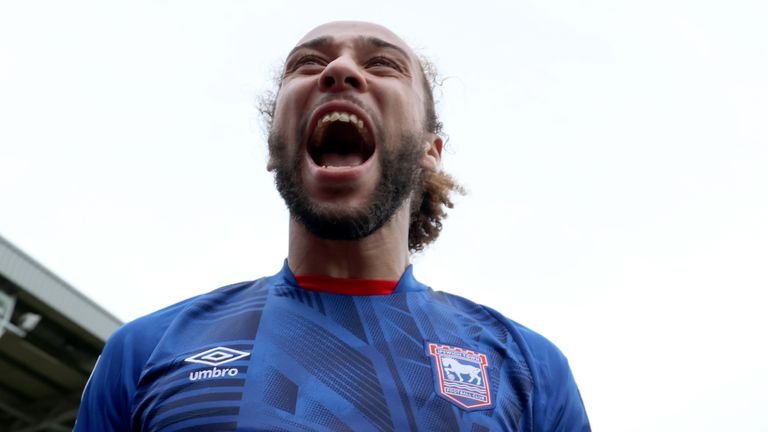 Marcus Harness celebrates after giving Ipswich a 2-0 lead at Exeter City