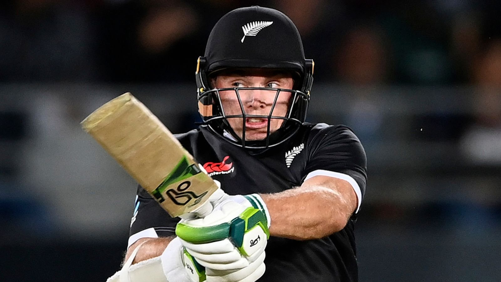 New Zealand's Tom Latham bats against India during their one day international cricket match in Auckland, New Zealand, Friday, Nov. 25, 2022. (Andrew Cornaga/Photosport via AP)