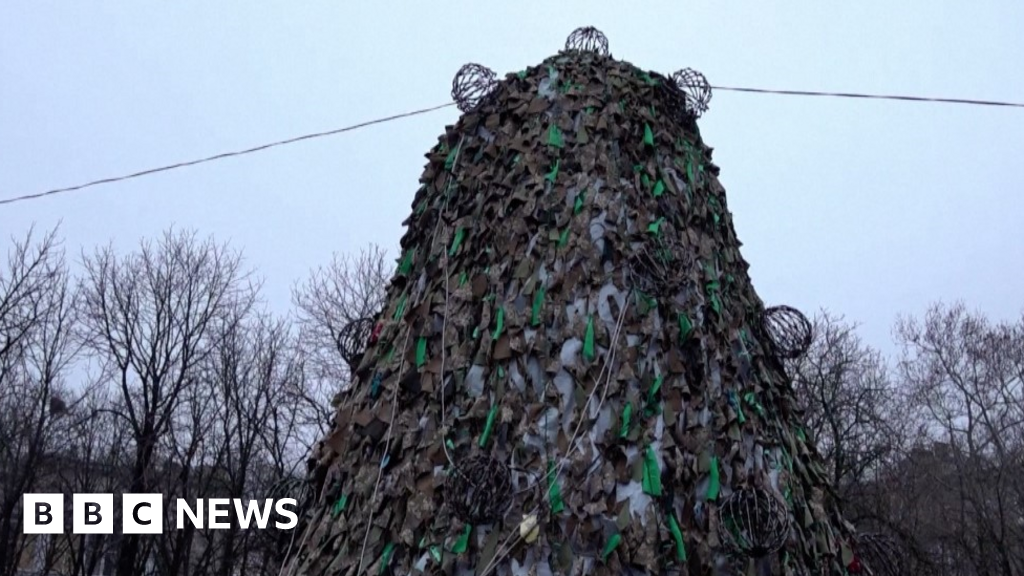 Ukraine wartime Christmas tree made from camouflage nets