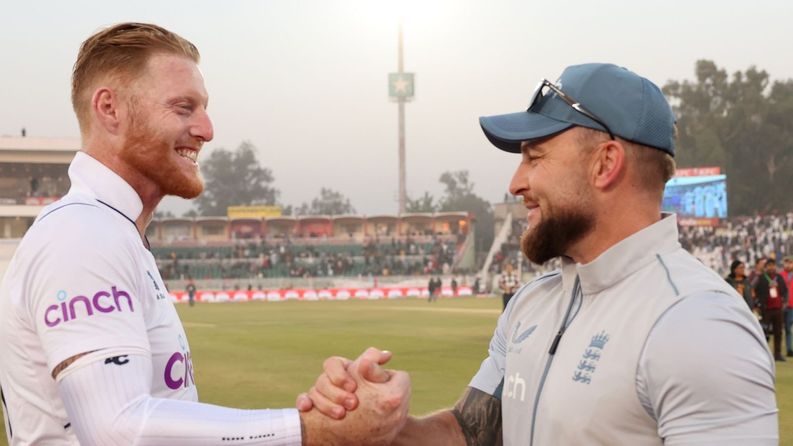 Ben Stokes and Brendon McCullum celebrate following England's stunning first Test win over Pakistan