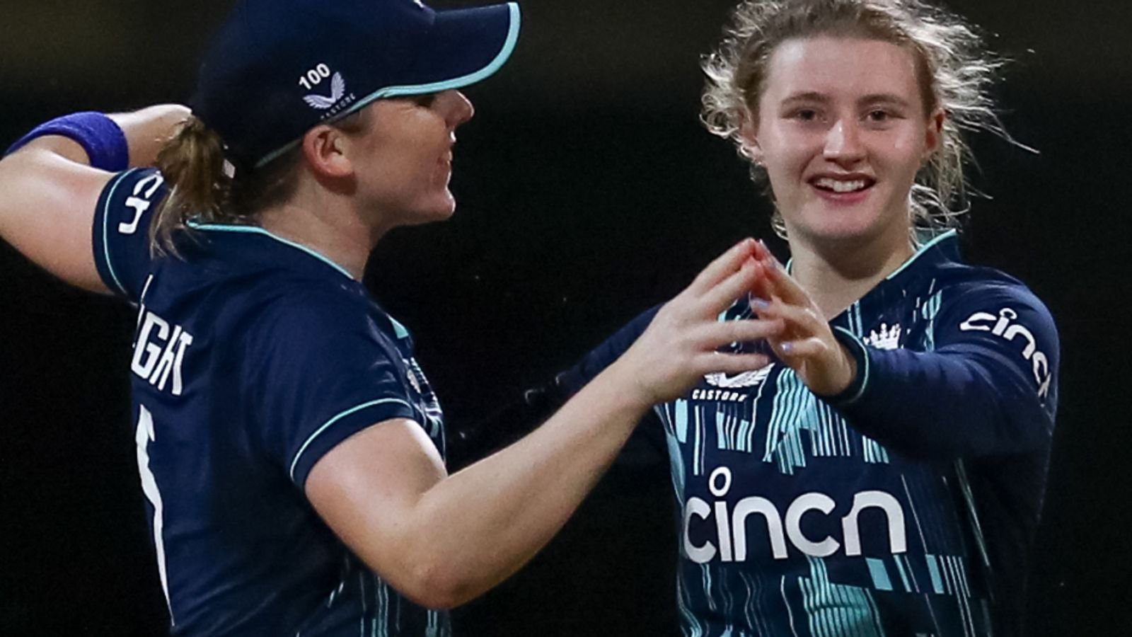 Charlie Dean celebrates a wicket in the first ODI against the West Indies