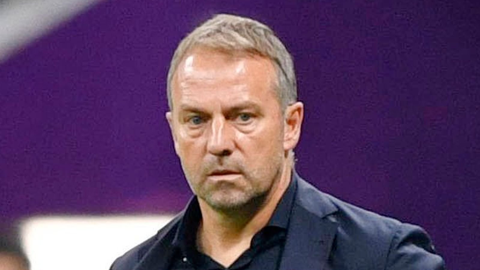 Germany head coach Hansi Flick watches his team take on Spain in a World Cup Group E football match at Al Bayt Stadium in Al Khor, Qatar, on Nov. 27, 2022. (Kyodo via AP Images) ==Kyodo