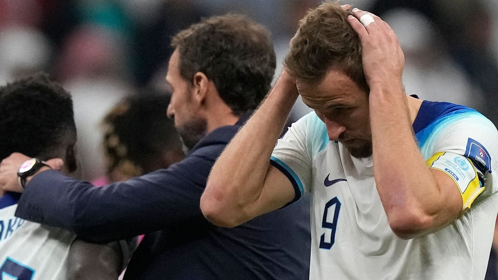 Harry Kane reacts to England's 2-1 quarter-final loss to France