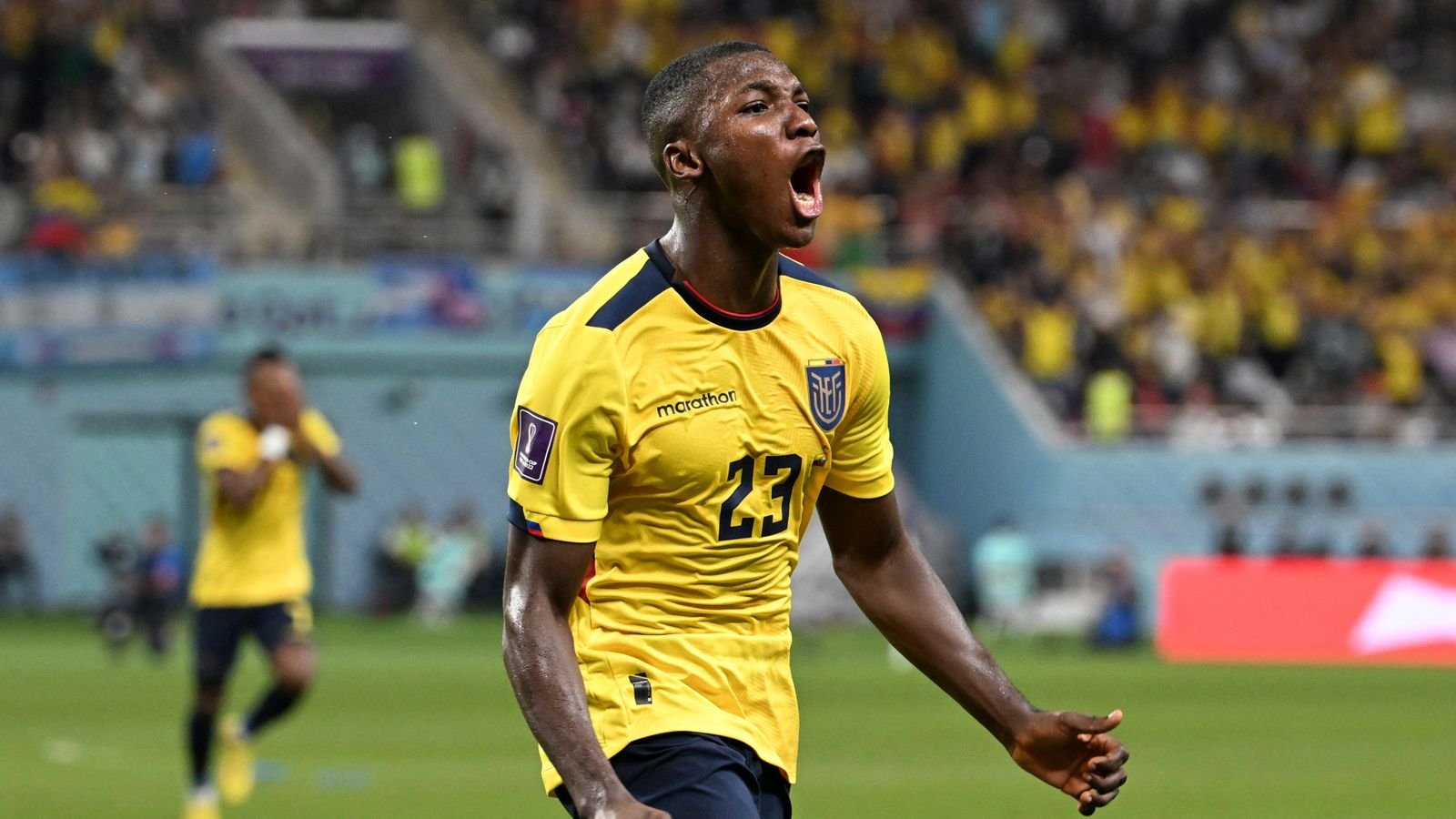 Moises CAICEDO (23) of ECUADOR reacts after scoring in the second half of the FIFA World Cup Group A match ECUADOR vs SENEGAL at Khalifa International Stadium in Ar-Rayyan, Qatar on November 29, 2022. ( The Yomiuri Shimbun via AP Images )