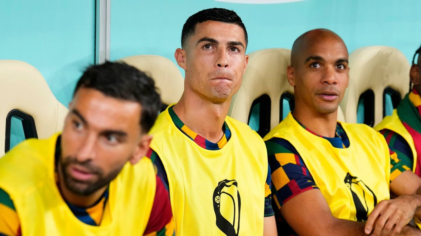 Cristiano Ronaldo takes his place on the Portugal bench