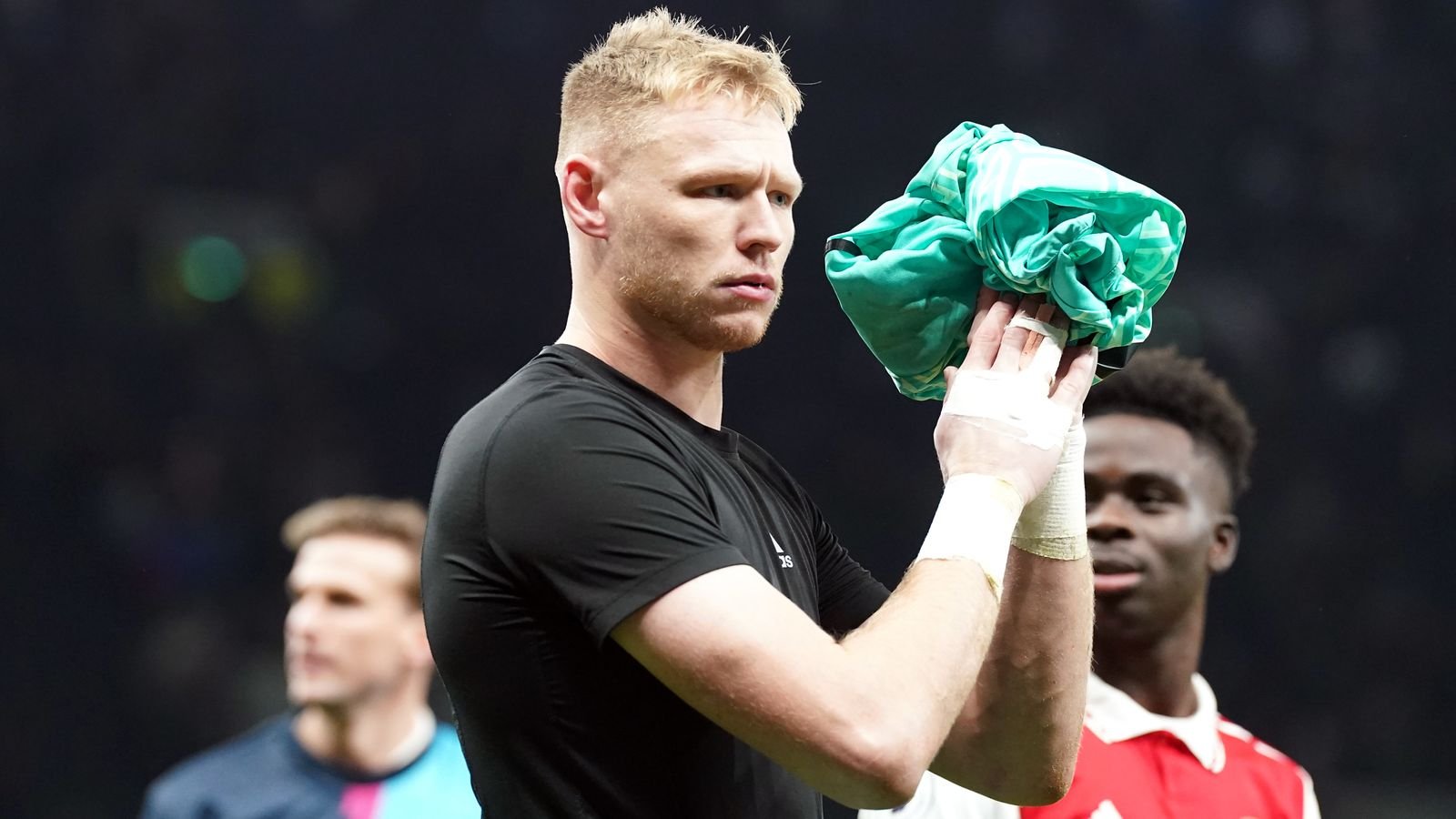 Aaron Ramsdale appeared to be kicked by a fan at the end of the North London derby