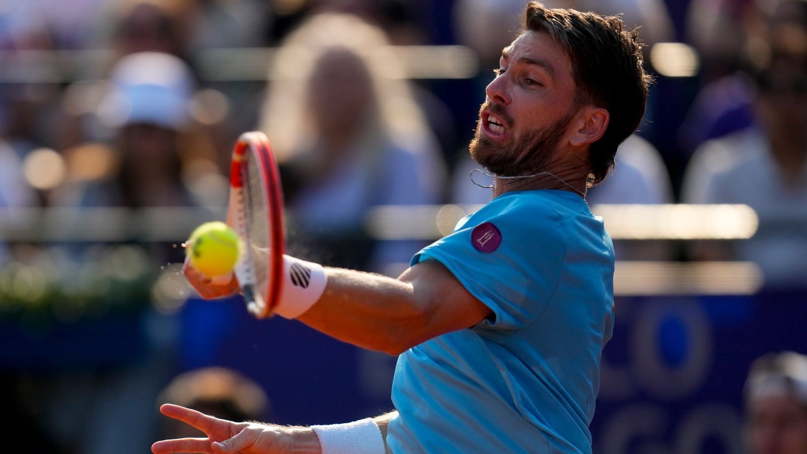 Cameron Norrie, of Britain, returns the ball to Juan Pablo Varillas, of Peru, during an Argentina Open ATP semifinals match, in Buenos Aires, Argentina, Saturday, Feb. 18, 2023. (AP Photo/Natacha Pisarenko)