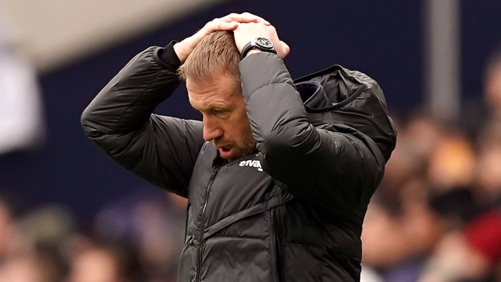 Graham Potter reacts on the sideline at Tottenham Hotspur Stadium