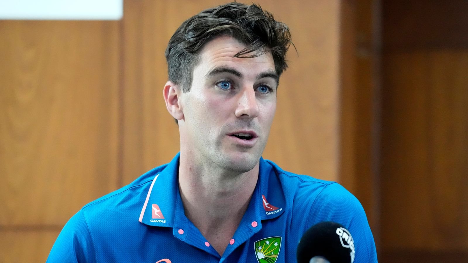 Australia's captain Pat Cummins speaks during a press conference ahead of their four match test cricket series against India, in Bengaluru, India, Saturday, Feb. 4, 2023. (AP Photo/Aijaz Rahi)