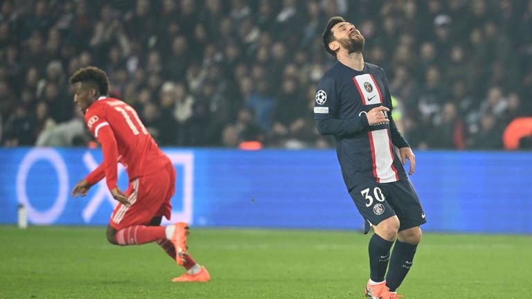 Lionel Messi reacts as Coman wheels away to celebrate Bayern's opener