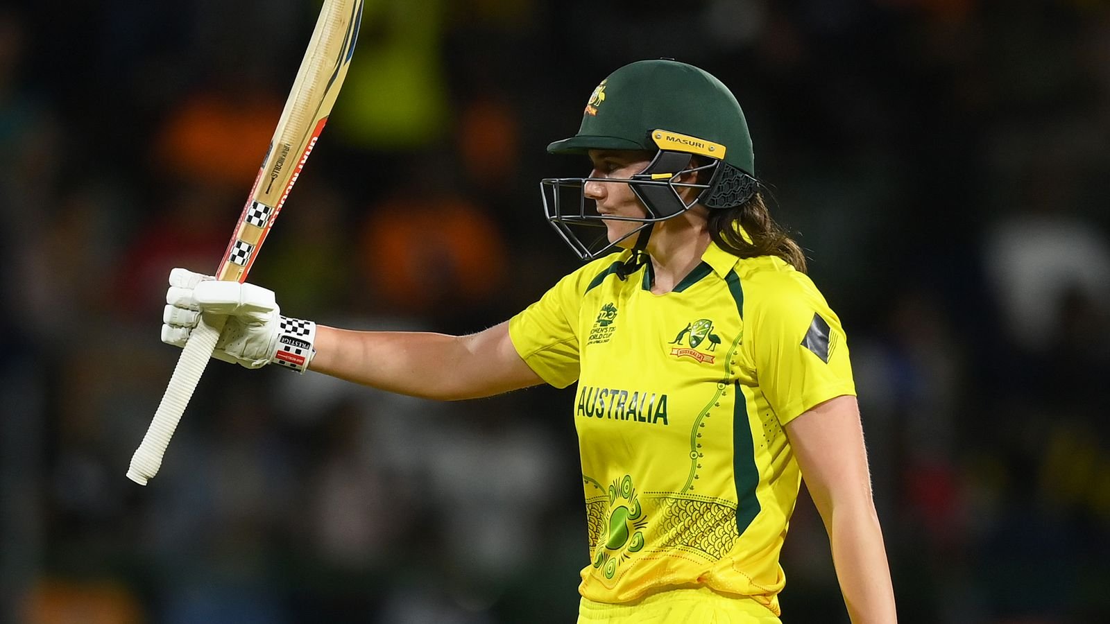 GQEBERHA, SOUTH AFRICA - FEBRUARY 18: Tahlia McGrath of Australia celebrates their half century during the ICC Women's T20 World Cup group A match between South Africa and Australia at St George's Park on February 18, 2023 in Gqeberha, South Africa. (Photo by Mike Hewitt/Getty Images)