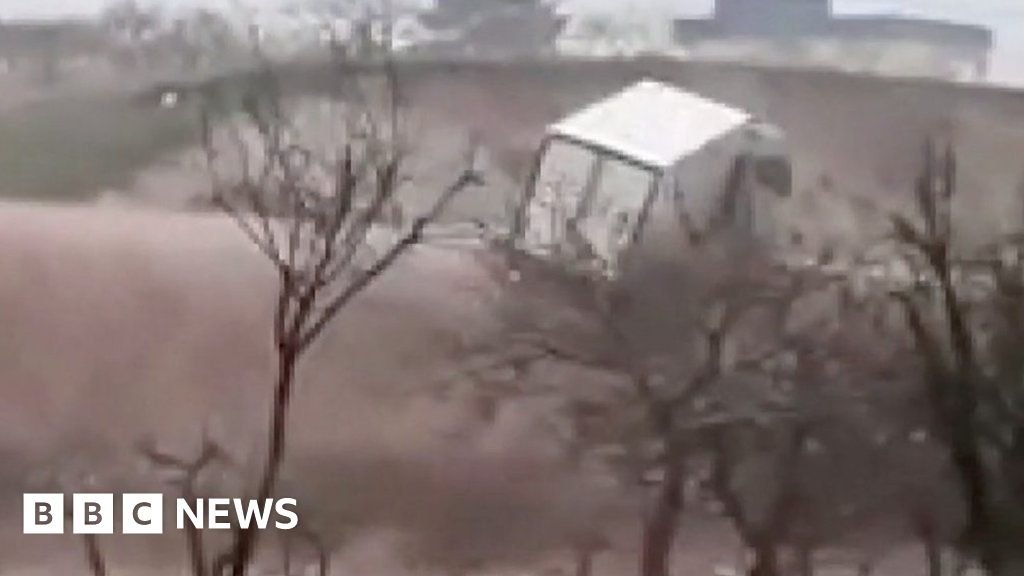 Truck washed away by huge flood in Turkey quake zone