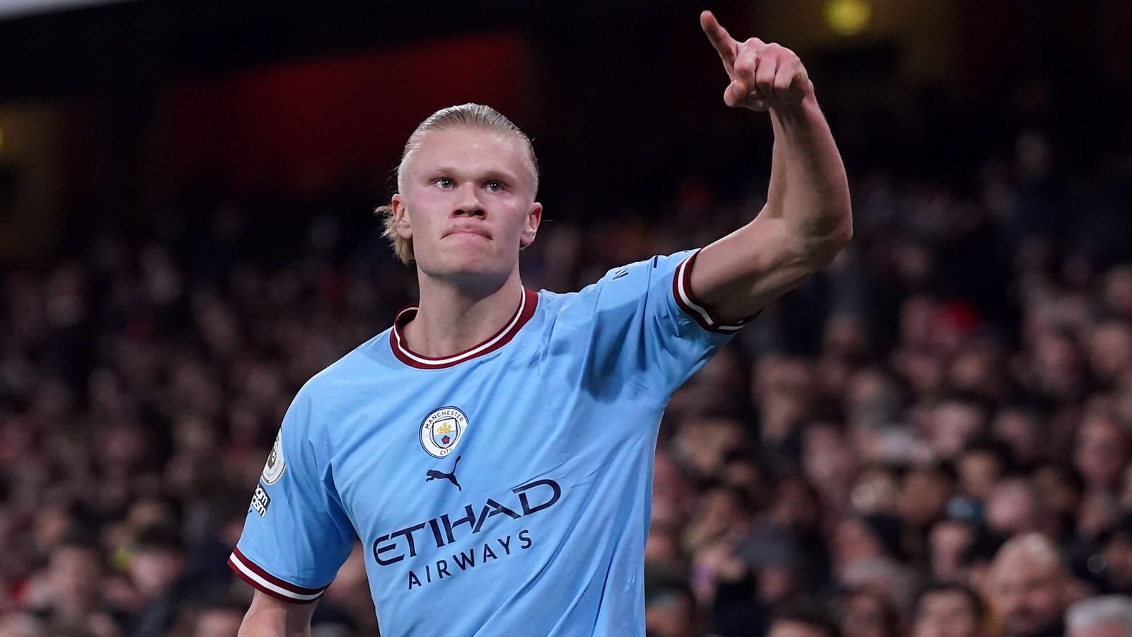 Erling Haaland celebrates scoring for Man City vs Arsenal