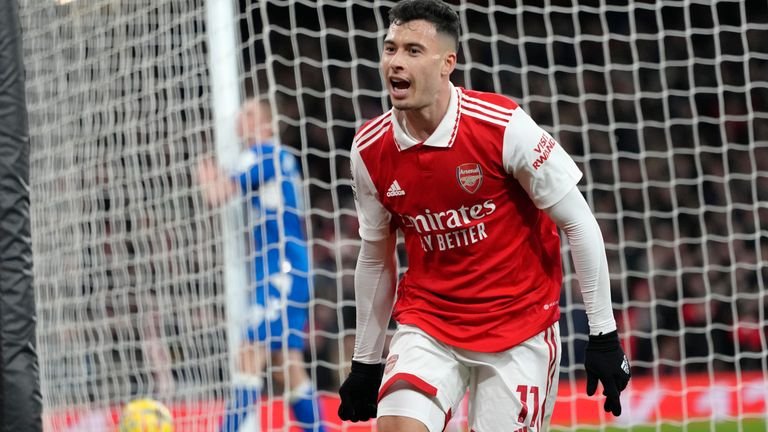 Gabriel Martinelli celebrates after scoring his second, and Arsenal's fourth