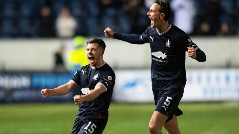 Falkirk's Leon McCann and Liam Henderson celebrate at full time after beating Ayr United