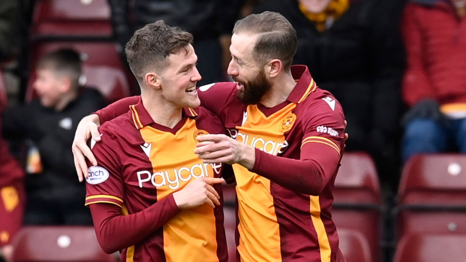 Blair Spittal celebrates with Kevin Van Veen after putting Motherwell 2-0 up against Hearts